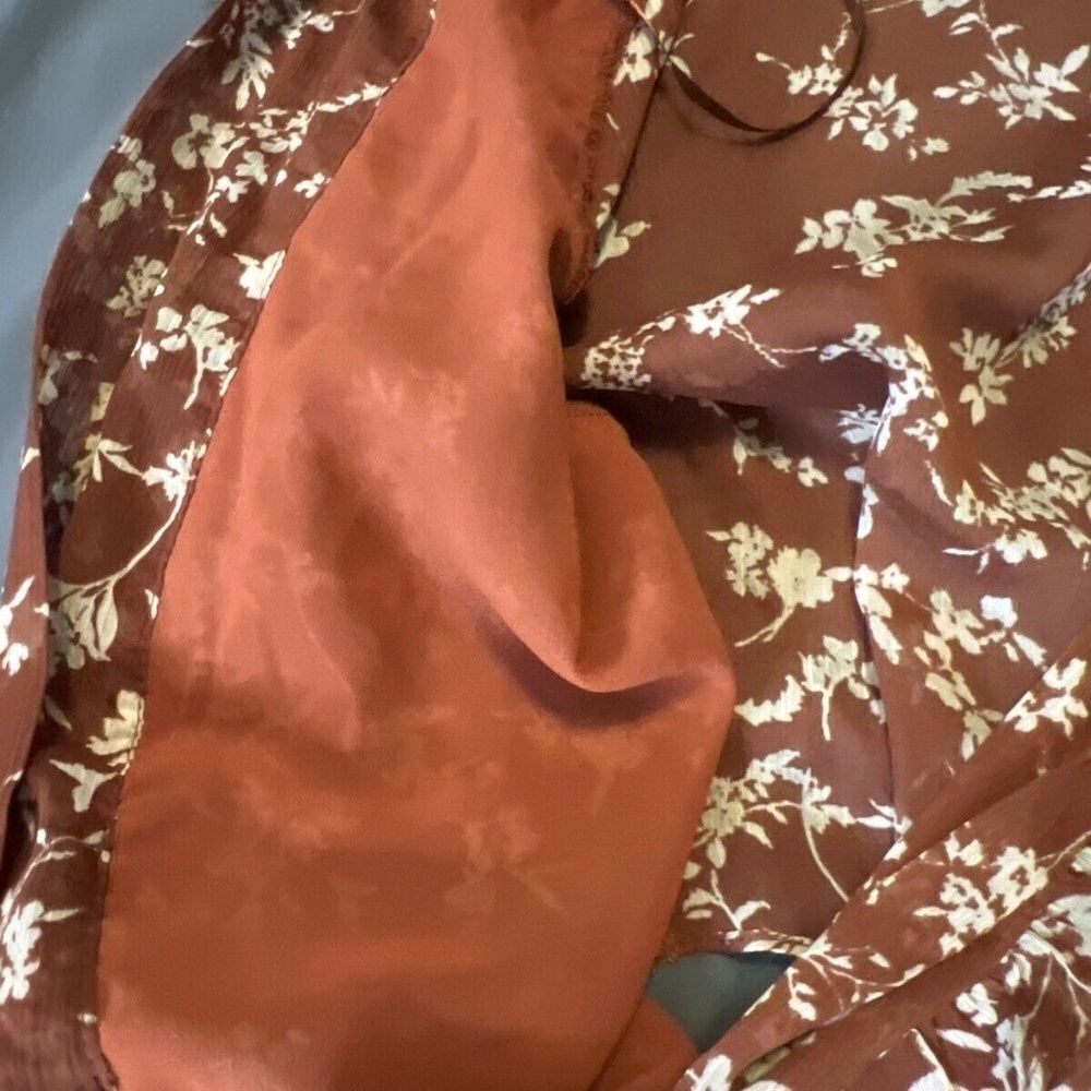 Princess Polly Brown/Rust Floral Ruffle Wrap Shirt Size 4 - Picture 5 of 9